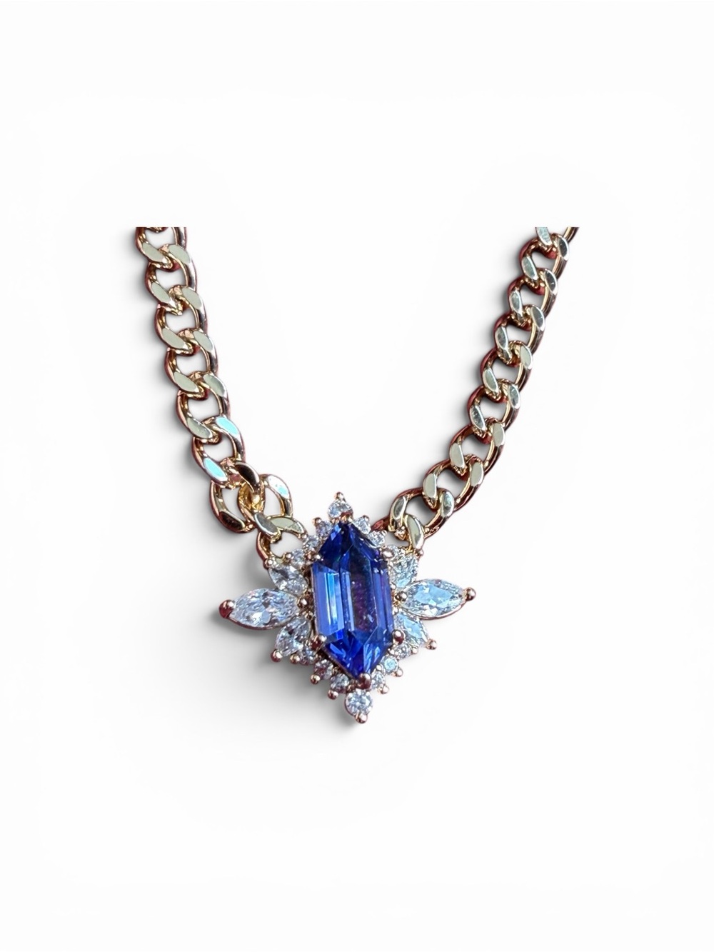 Gold Curb Chain Necklace — Sapphire Blue Crystal Cluster Pendant